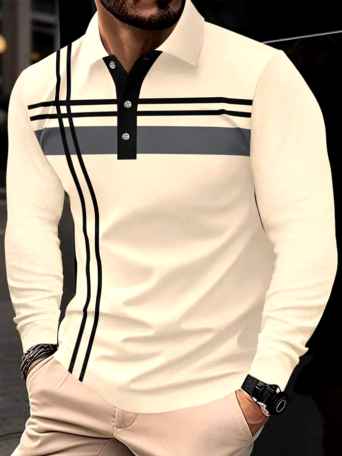 Men's Striped Business Casual Long Sleeve Polo Shirt