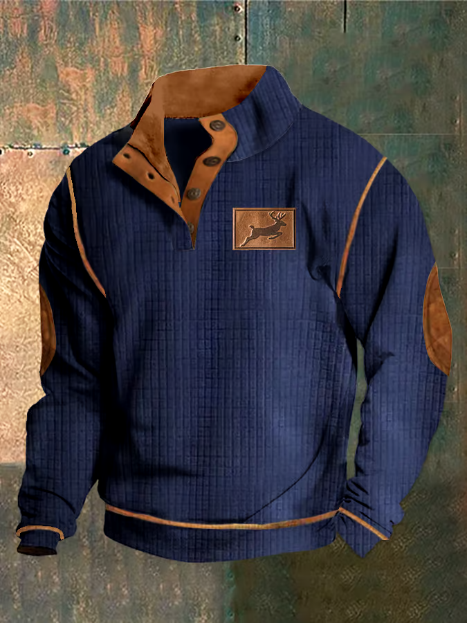 Men's Western Elk Print Jacquard Plaid Patchwork Stand Collar Buttoned Sweatshirt