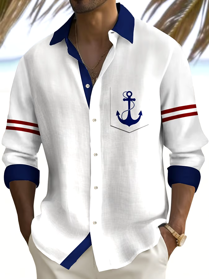 Men's Vintage Anchor Print Vacation Shirt (With Pockets)
