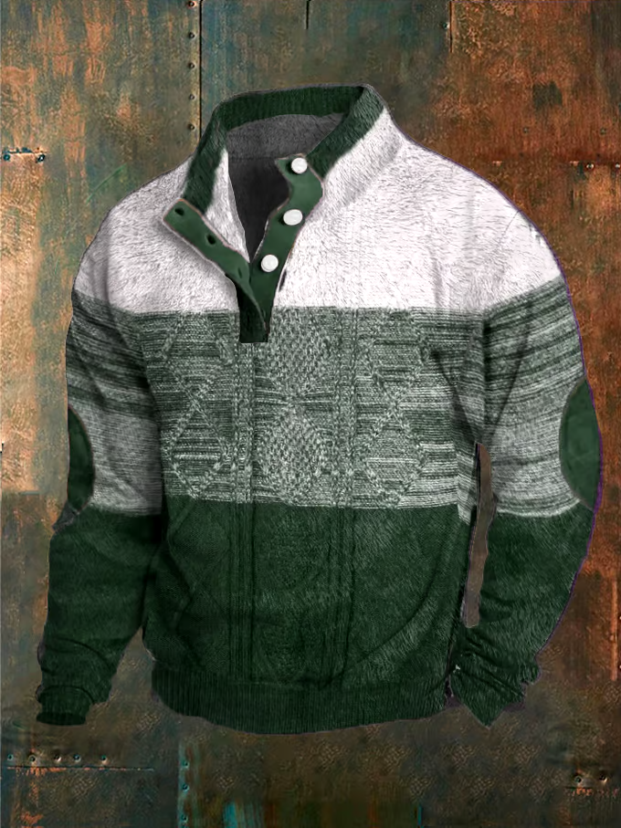 Men's Color Matching Print Button Stand Collar Sweatshirt
