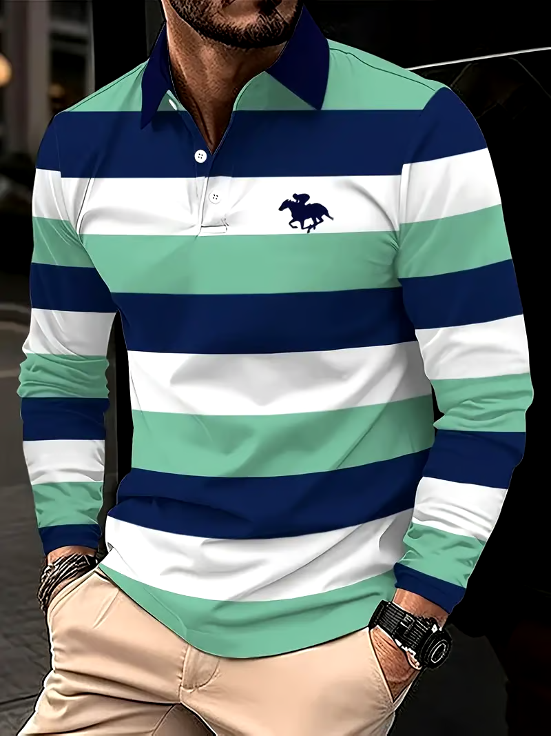 Men's Retro Business Stripe Print Long Sleeve Polo Shirt