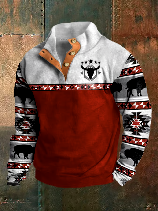 Men's Western Style Printed Stand Collar Button Sweatshirt
