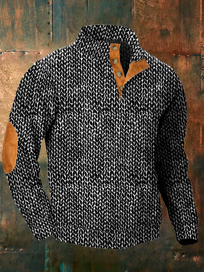 Men's Vintage Print Button-Up Sweatshirt