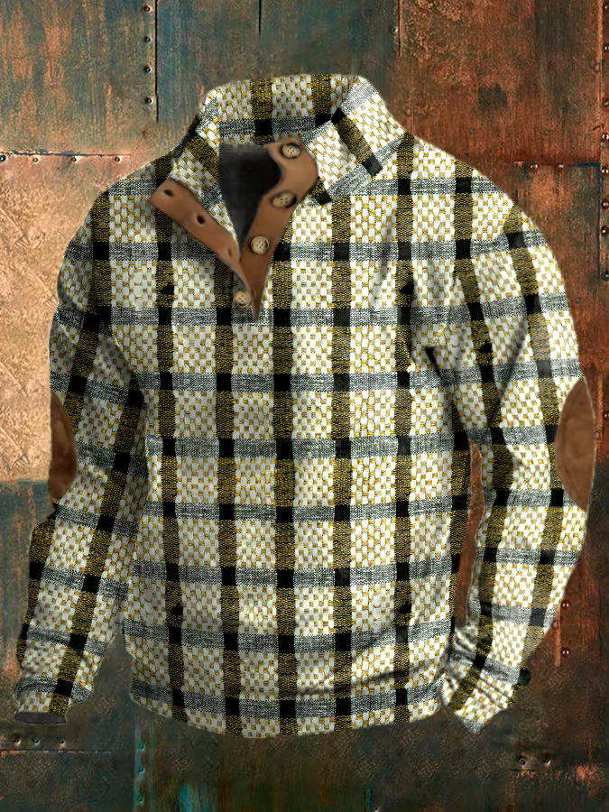 Men's Vintage Print Button-Up Sweatshirt