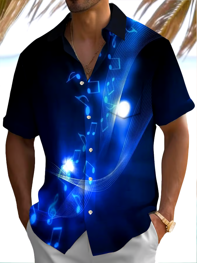 Men's Fashionable Music Note Print Short Sleeve Shirt