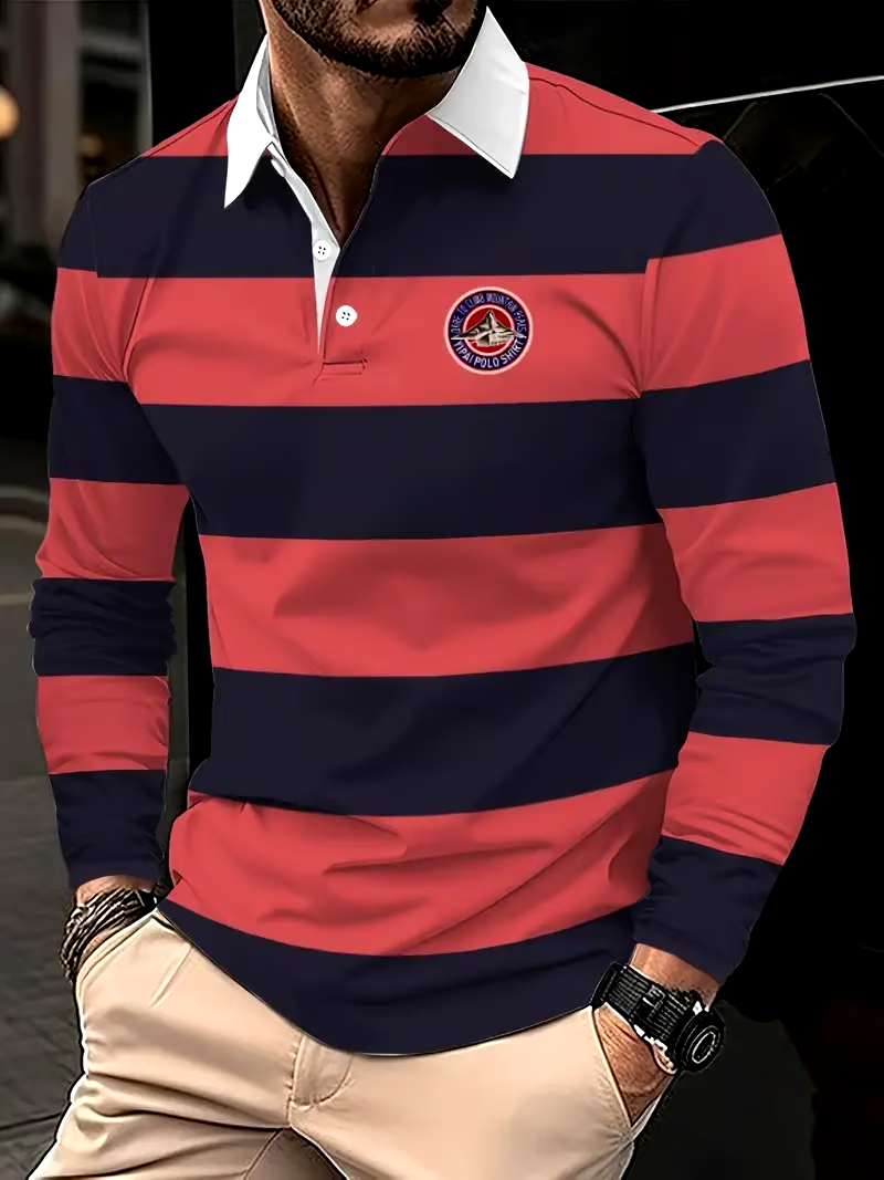 Men's Retro Business Stripe Print Long Sleeve Polo Shirt