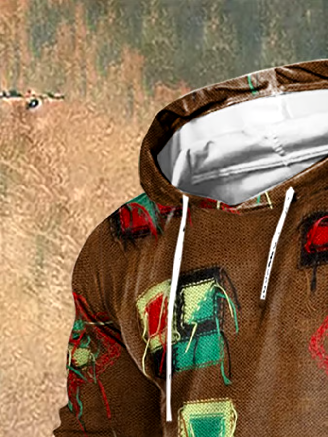 Men's Vintage Wool Contrast Print Hooded Sweatshirt