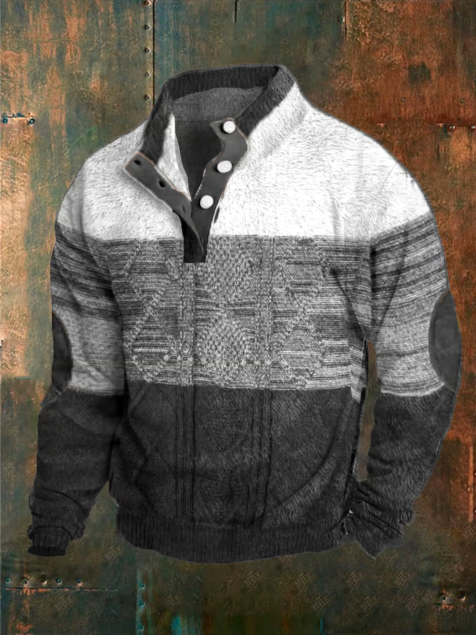 Men's Color Matching Print Button Stand Collar Sweatshirt