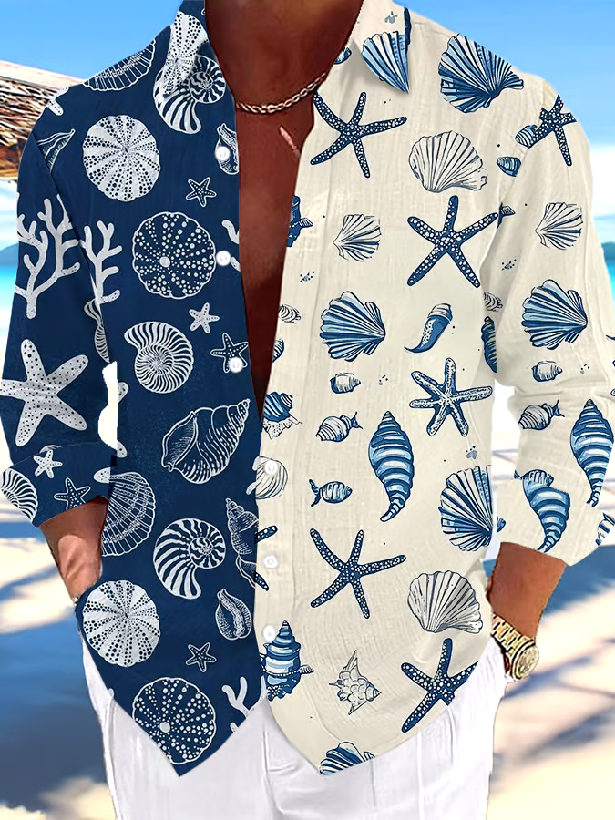 Men's Ocean Life Printed Contrast Color Casual Resort Shirt