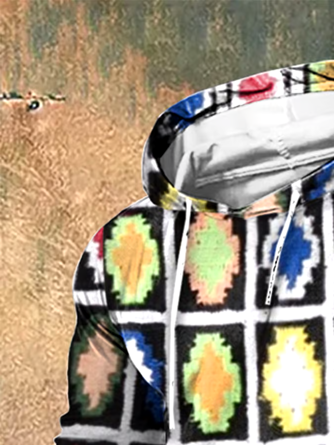 Men's Vintage Wool Contrast Print Hooded Sweatshirt