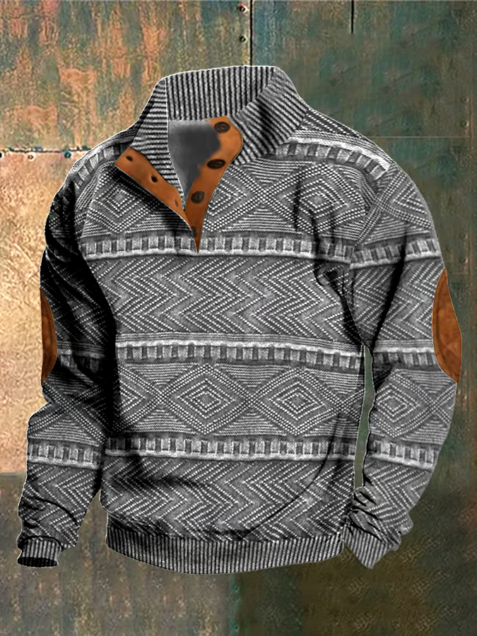 Men's Casual Retro Print Stand Collar Button Sweatshirt