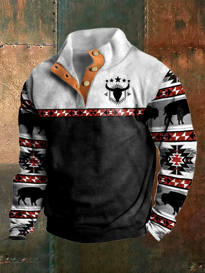 Men's Western Style Printed Stand Collar Button Sweatshirt