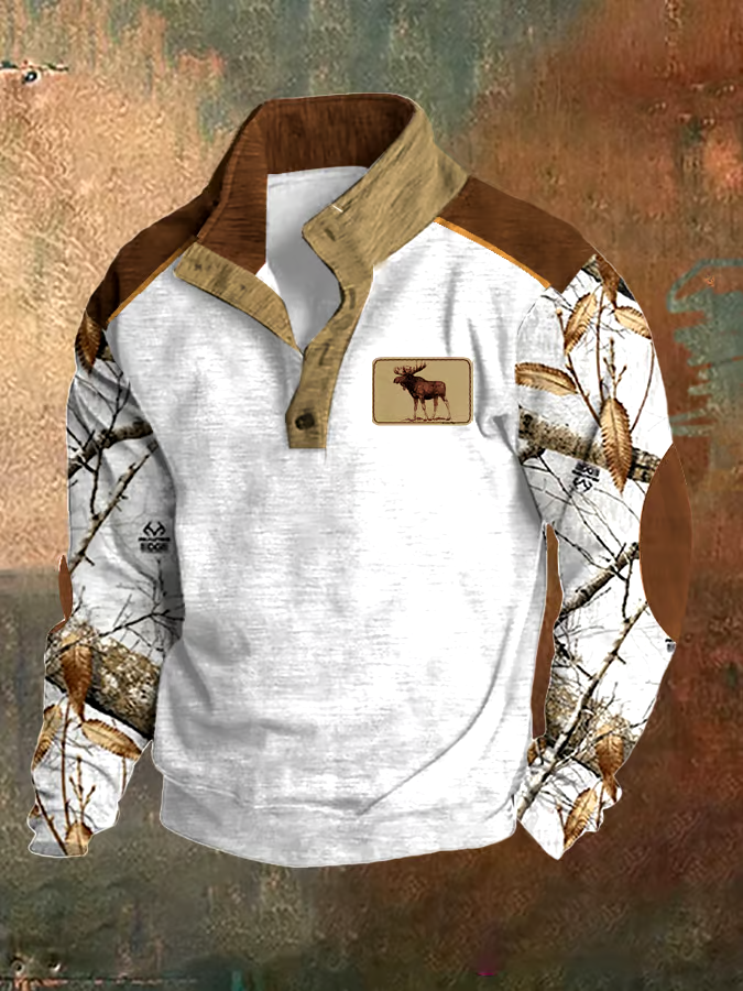 Men's Fleece Vintage Hunting Deer Stand Collar Sweatshirt
