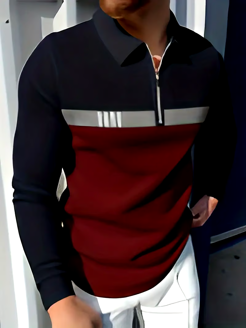Men's Business Casual Striped Zip-Up Polo Shirt