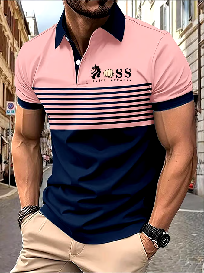 Men's Striped Lettering Casual Polo Shirt