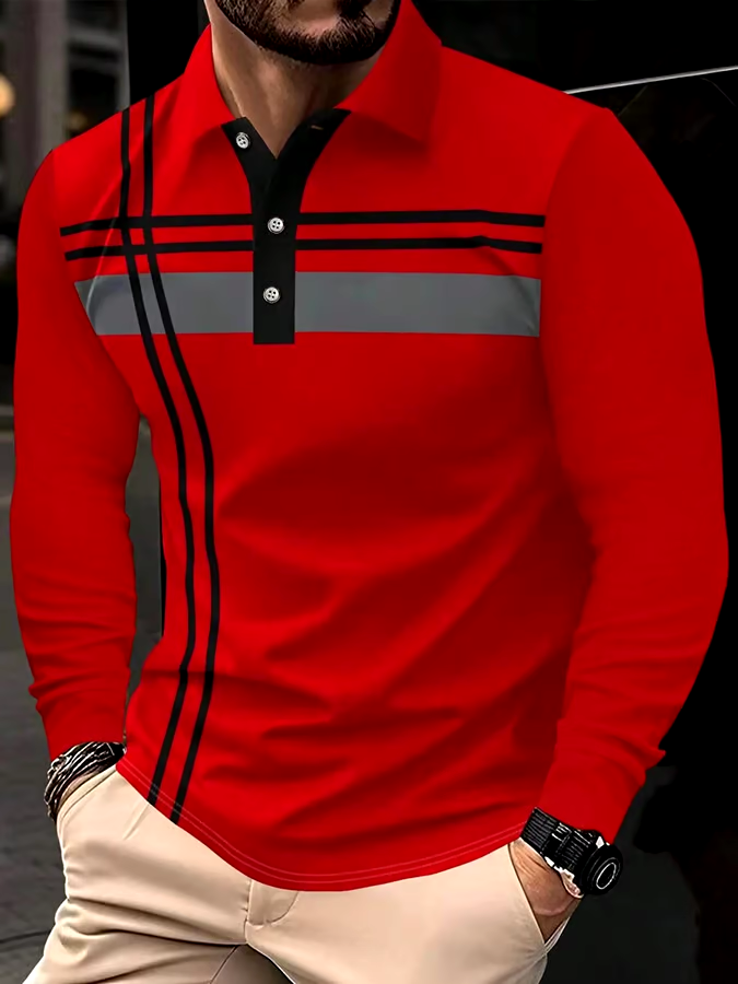 Men's Striped Business Casual Long Sleeve Polo Shirt