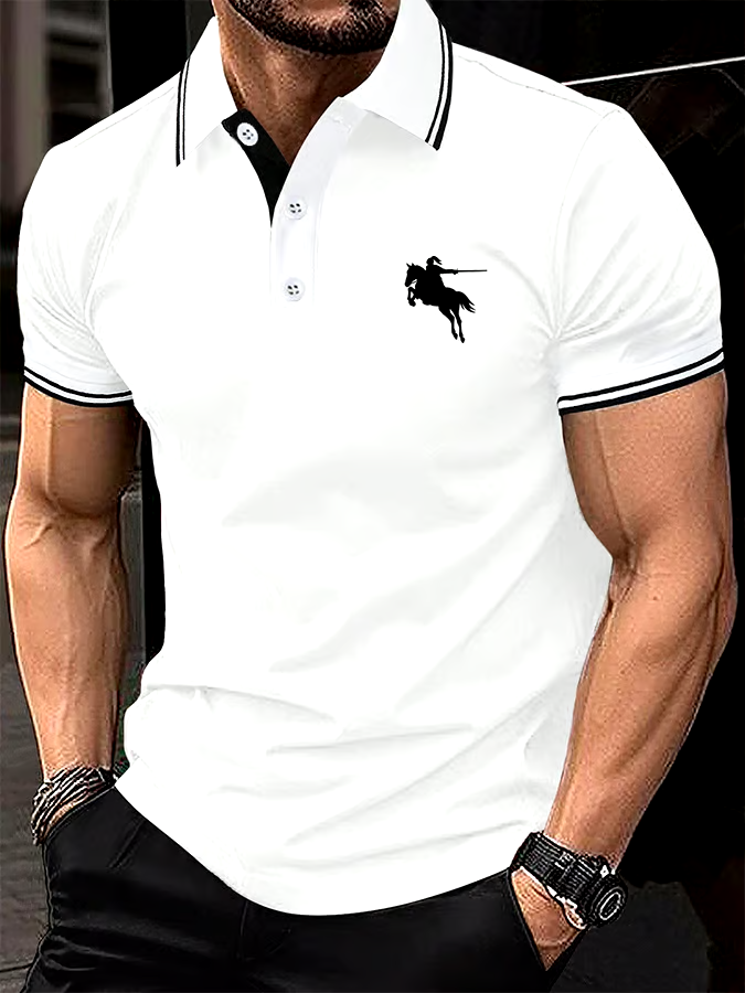 Men's Horse Stripe Print Casual Polo Shirt