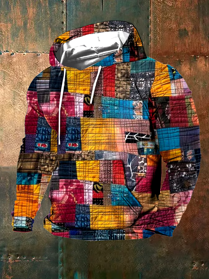 Men's Retro Western Textured Print Hoodie (With Pockets)