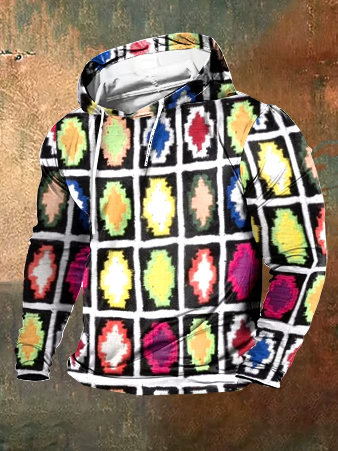 Men's Vintage Wool Contrast Print Hooded Sweatshirt