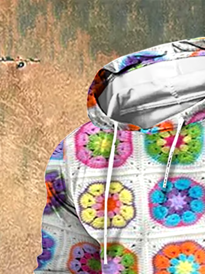 Men's Vintage Wool Contrast Print Hooded Sweatshirt