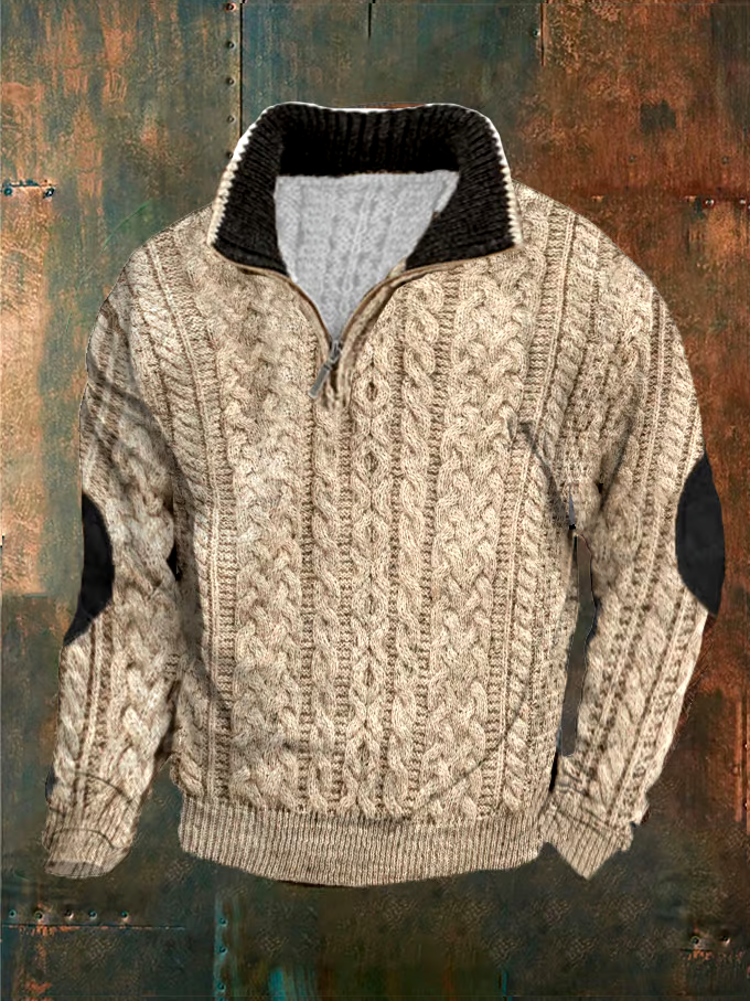 Men's Color Block Knitted Printed Zipper Lapel Sweatshirt