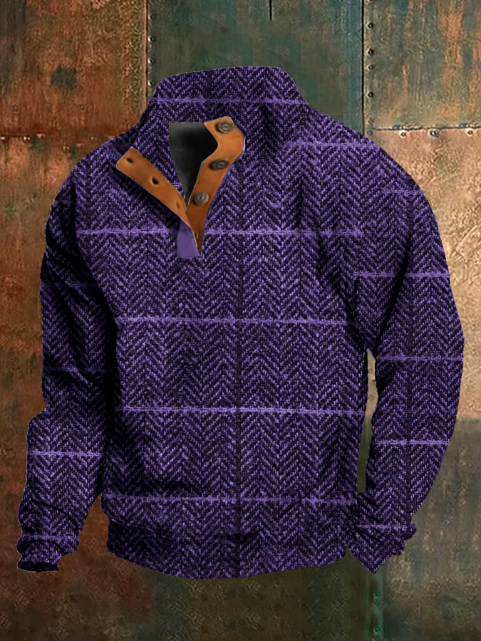 Men's Western Vintage Plaid Print Stand Collar Button-Down Sweatshirt