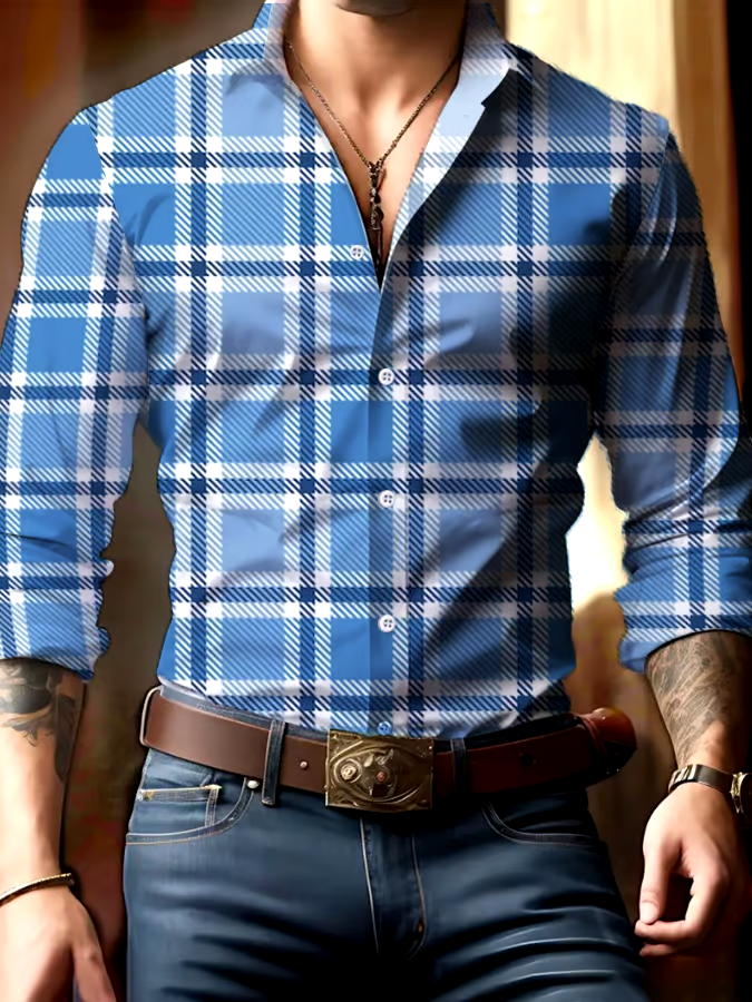 Men's Casual Business Checkered Print Shirt