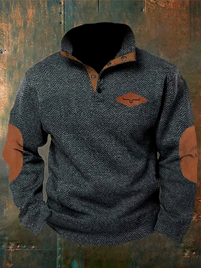 Men's Vintage Herringbone Henley Elbow Patch Color Block Western Sweatshirt