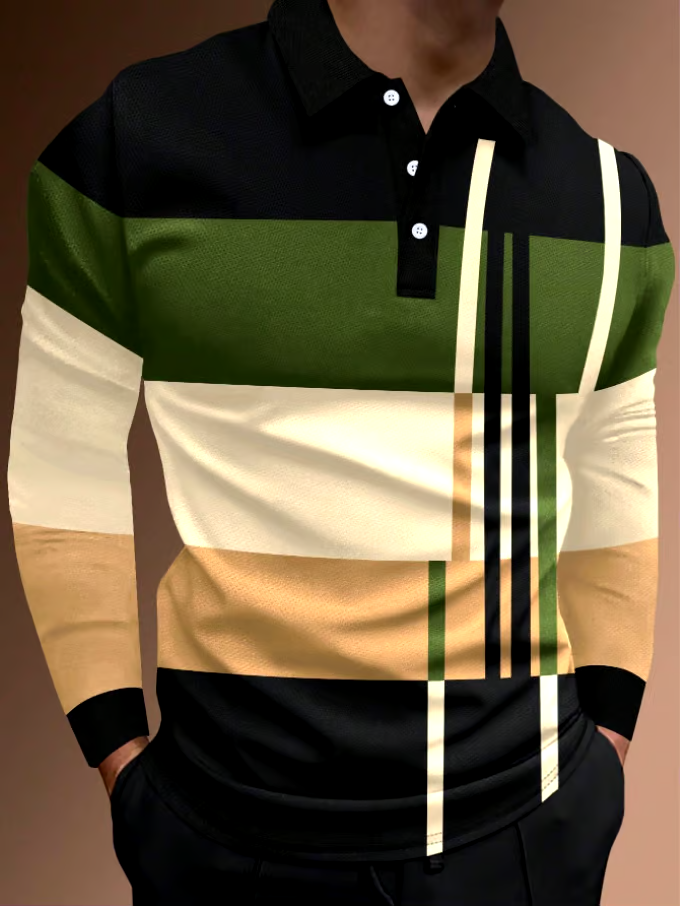 Men's Business Casual Striped Long-Sleeved Polo Shirt