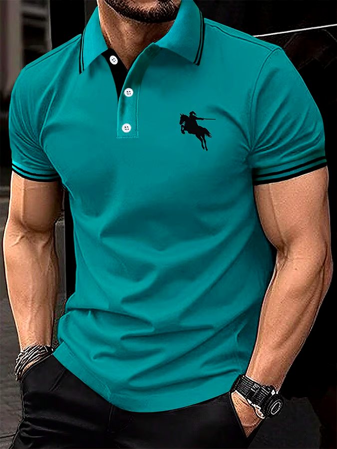 Men's Horse Stripe Print Casual Polo Shirt