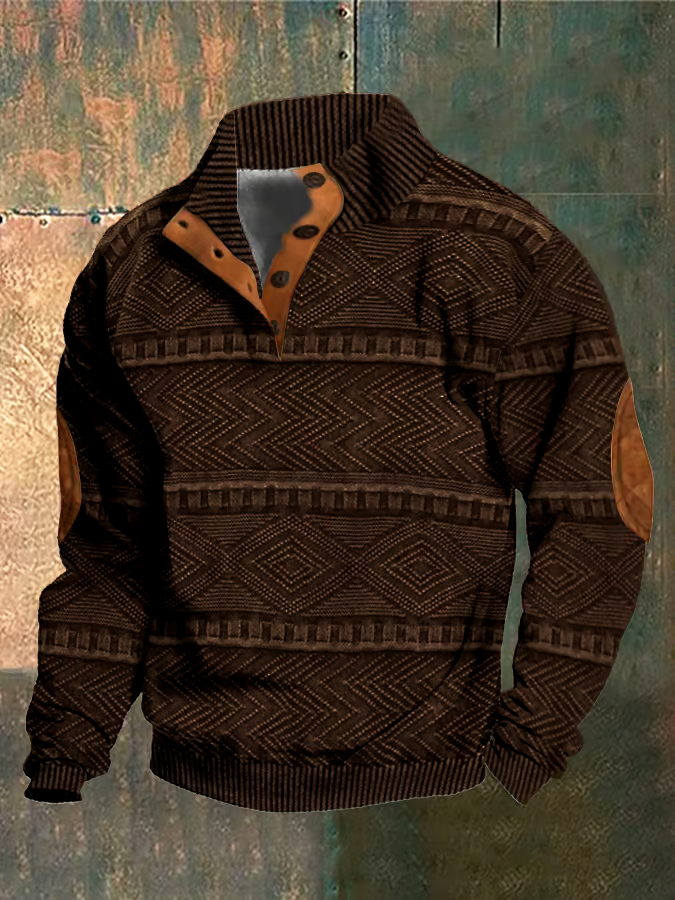 Men's Casual Retro Print Stand Collar Button Sweatshirt