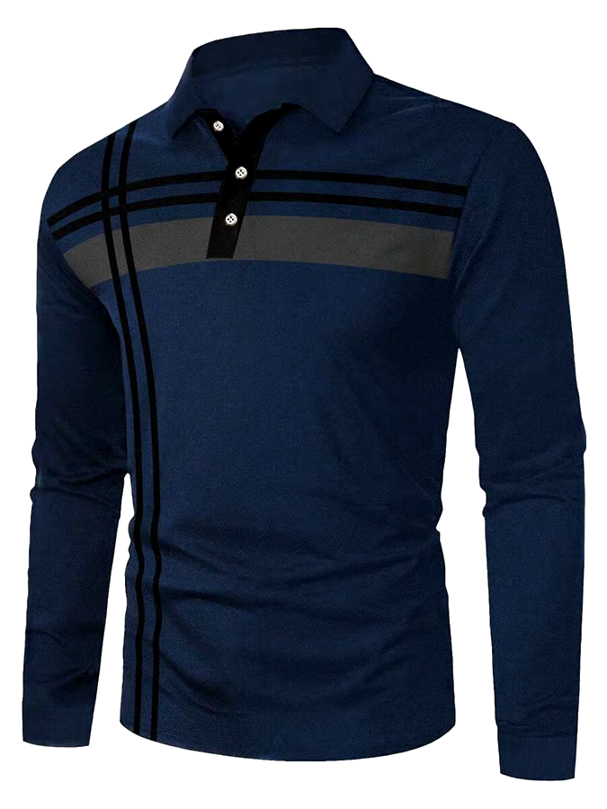 Men's Striped Business Casual Long Sleeve Polo Shirt