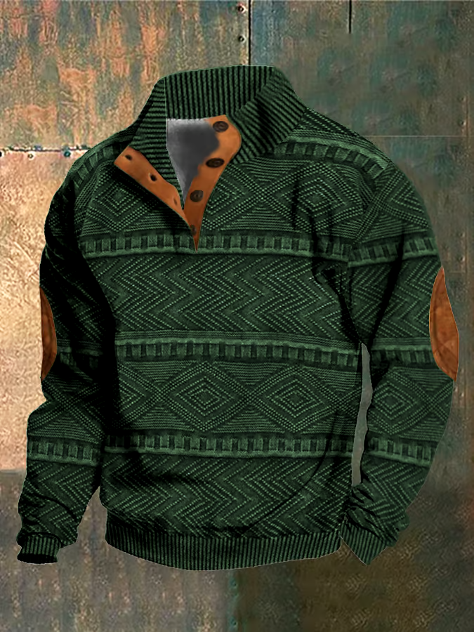 Men's Casual Retro Print Stand Collar Button Sweatshirt