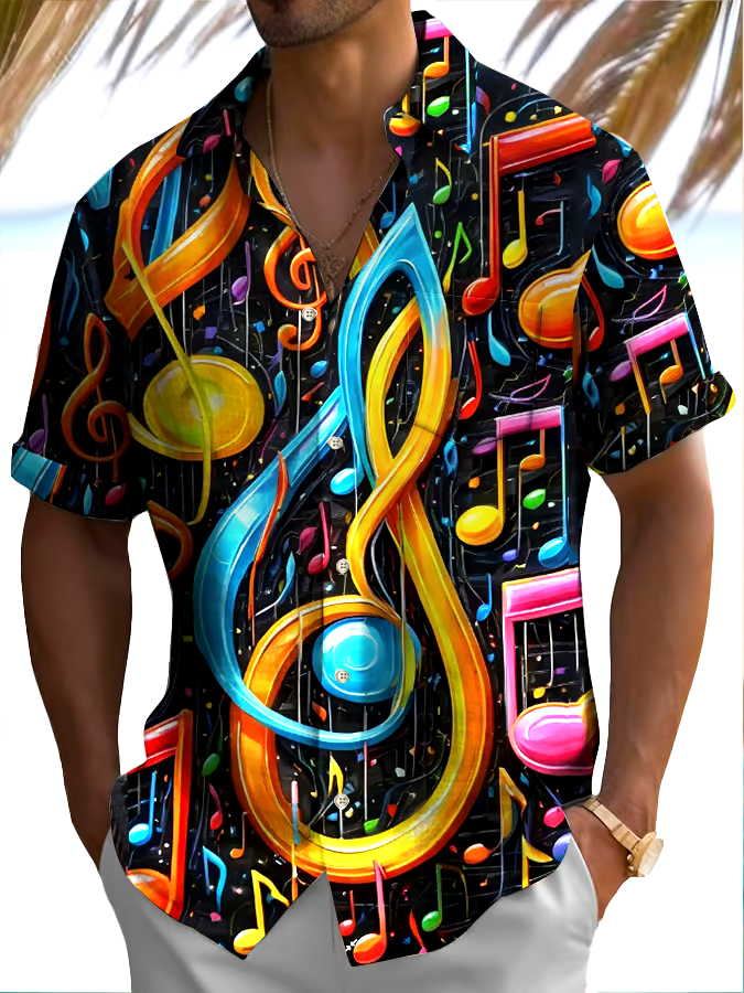 Men's Fashionable Music Note Print Short Sleeve Shirt