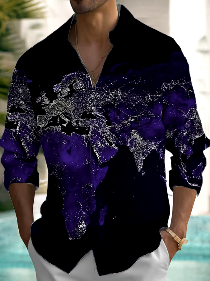 Men's World Map Print Pocket Long Sleeve Shirt