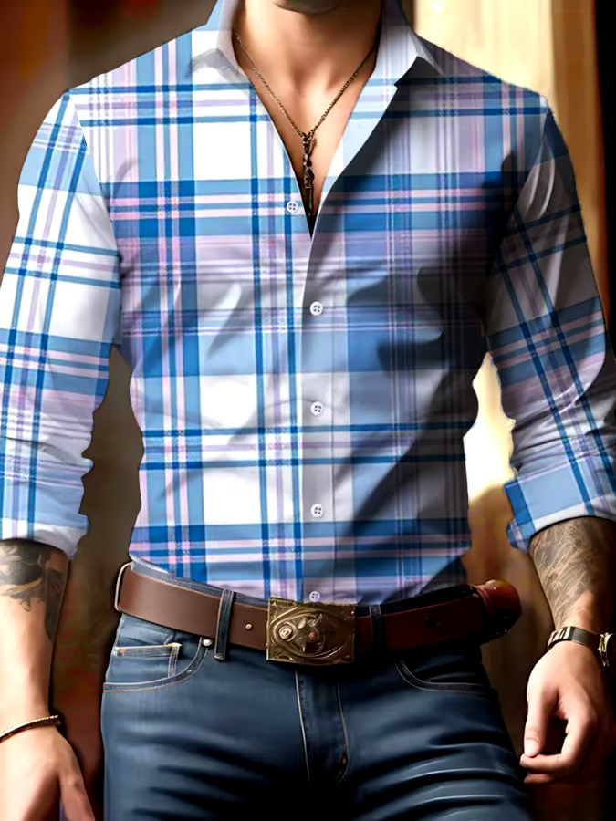 Men's Casual Business Checkered Print Shirt