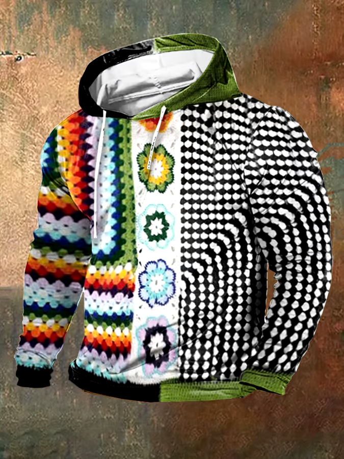 Men's Vintage Wool Contrast Print Hooded Sweatshirt