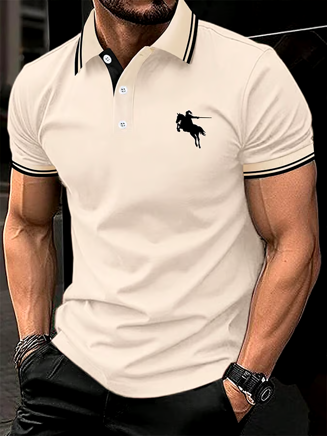 Men's Horse Stripe Print Casual Polo Shirt