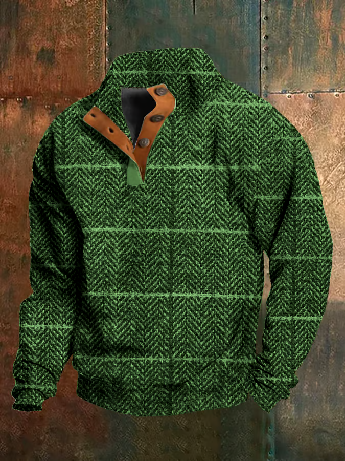 Men's Western Vintage Plaid Print Stand Collar Button-Down Sweatshirt