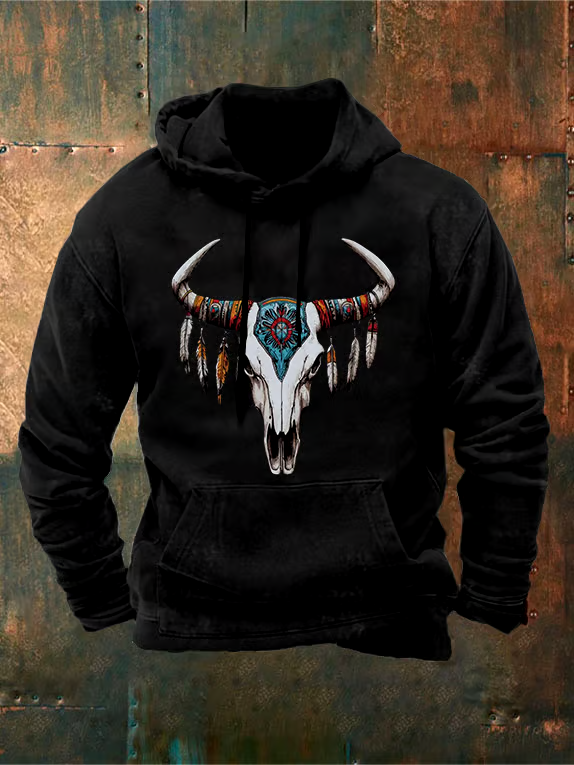 Men's Vintage Bullhead Print Hoodie Sweatshirt