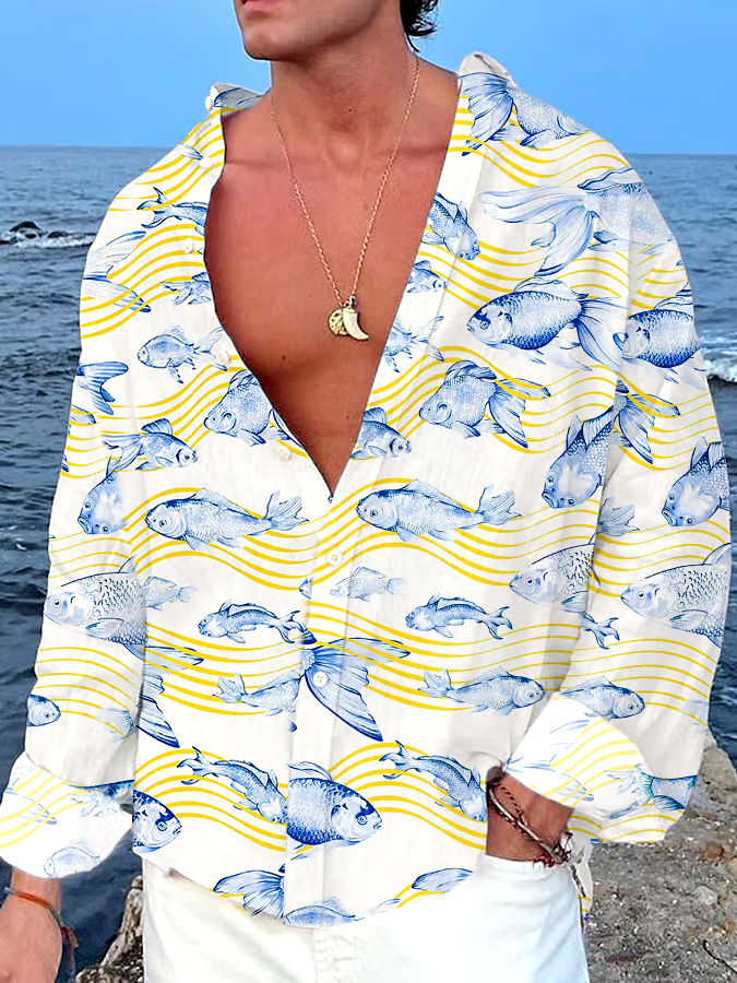 Men's Artistic Fish Printed Casual Resort Shirt